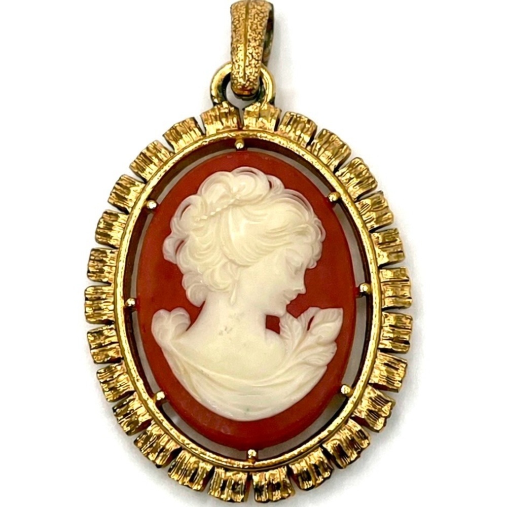 Vintage Carved Shell Cameo Brooch Pendant Lady Profile Victorian Italian Style